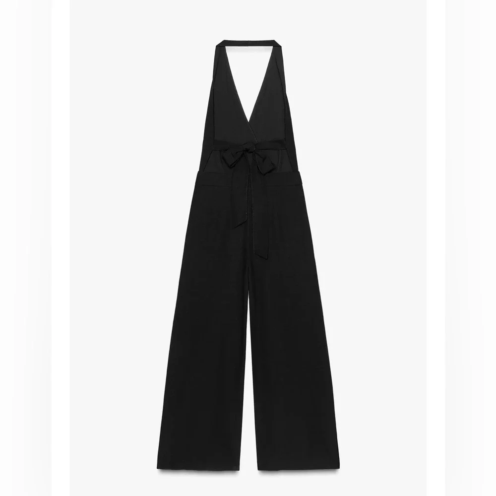 ZARA LONG OPEN BACK JUMPSUIT Black Cotton/Linen Blend XL NWT